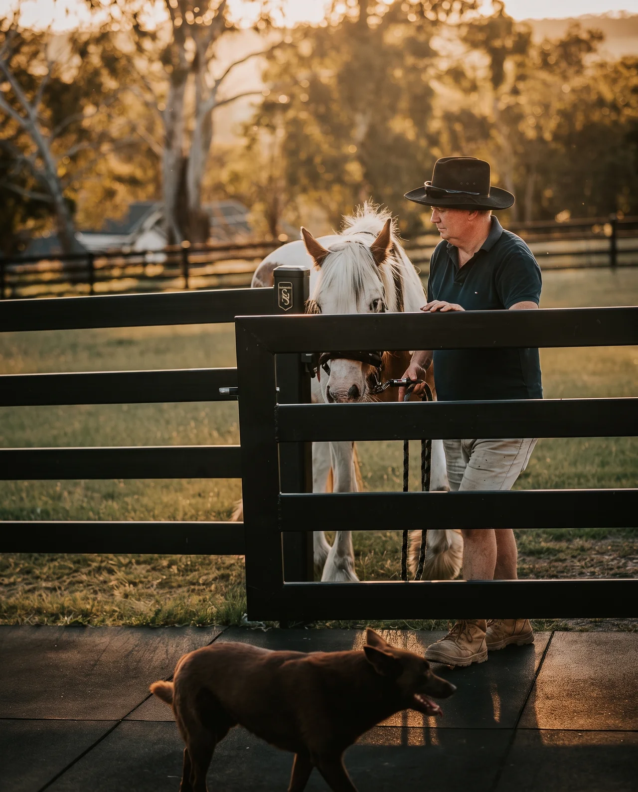 A handler with a palomino horse at a black post and rail fence at sunset