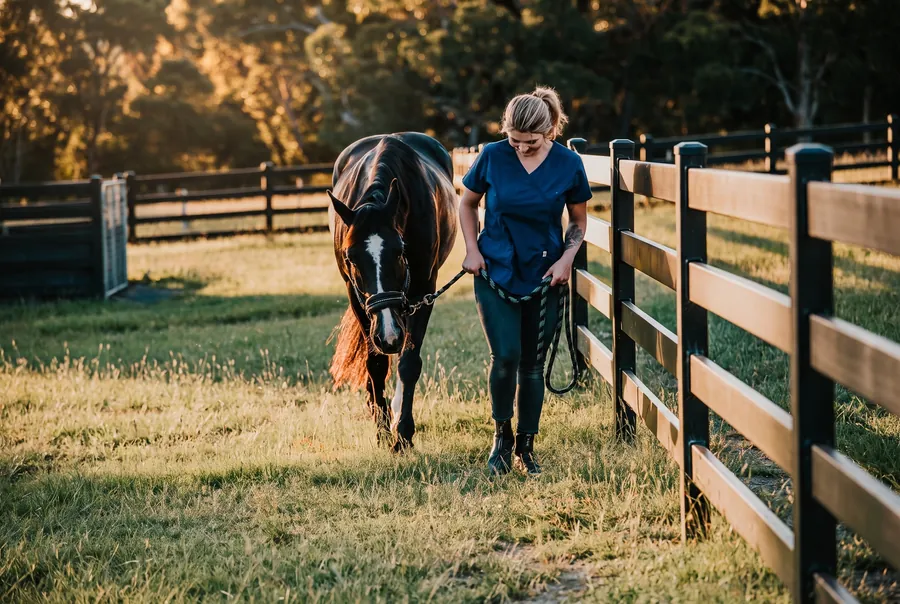 A handler leading a horse along a timber fence line