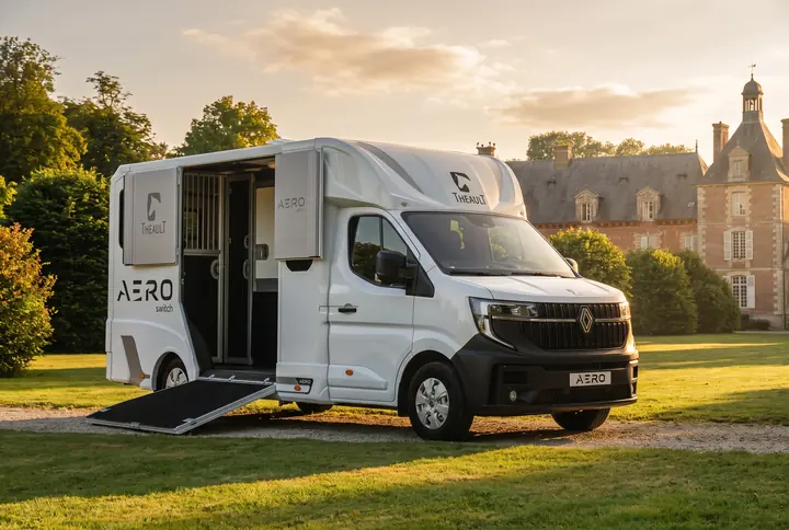 Theault horsebox parked beside a stable complex