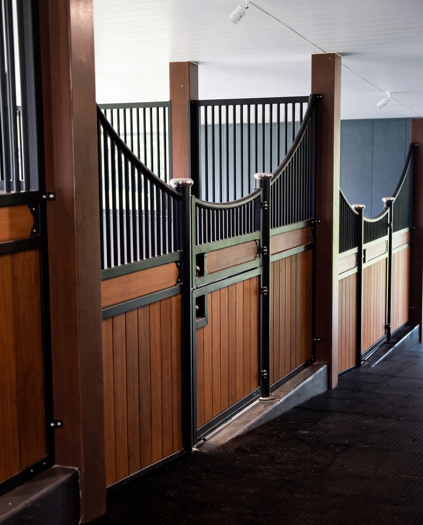 Black steel stable fronts with curved grille tops and timber infill