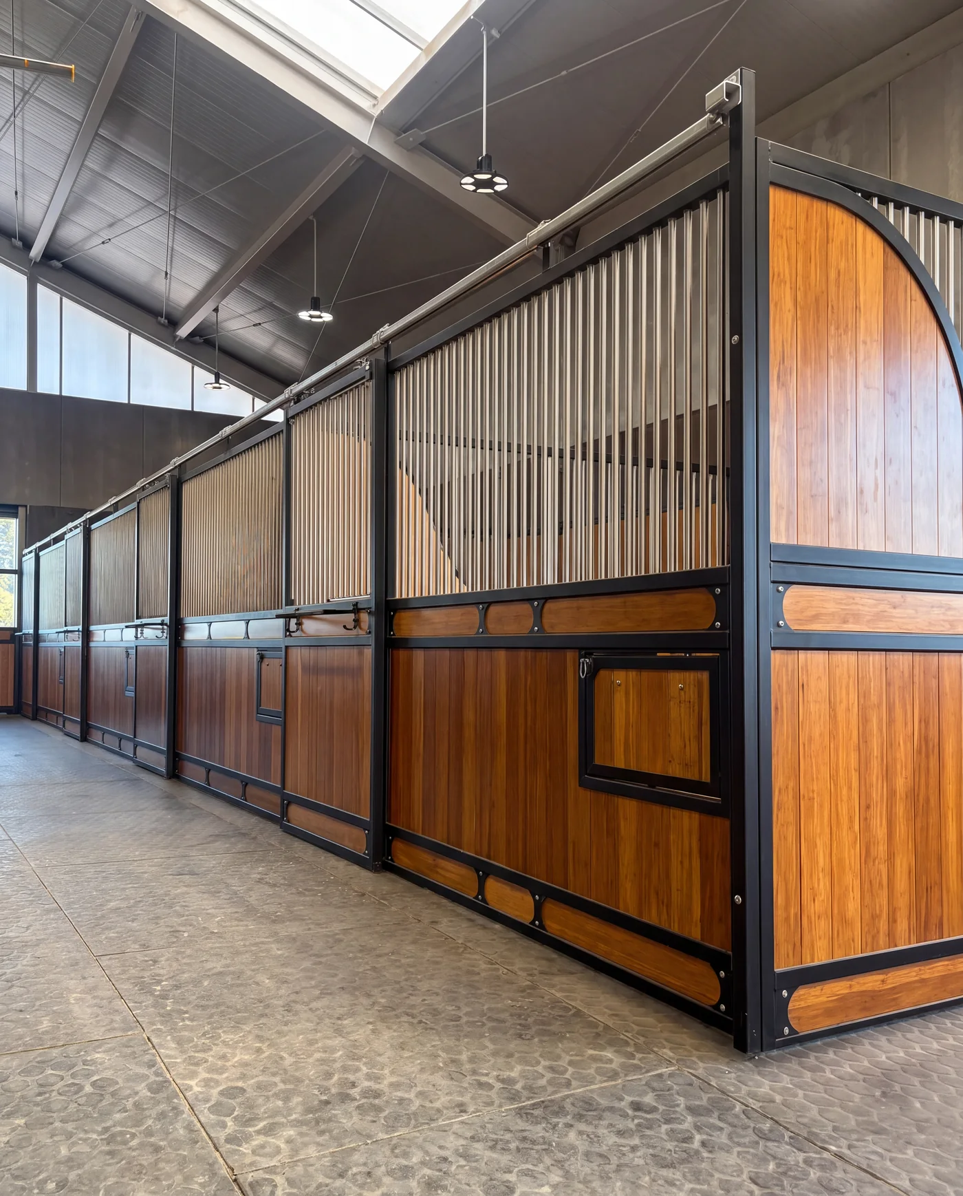 Stable aisle with curved timber and steel stable fronts under skylights