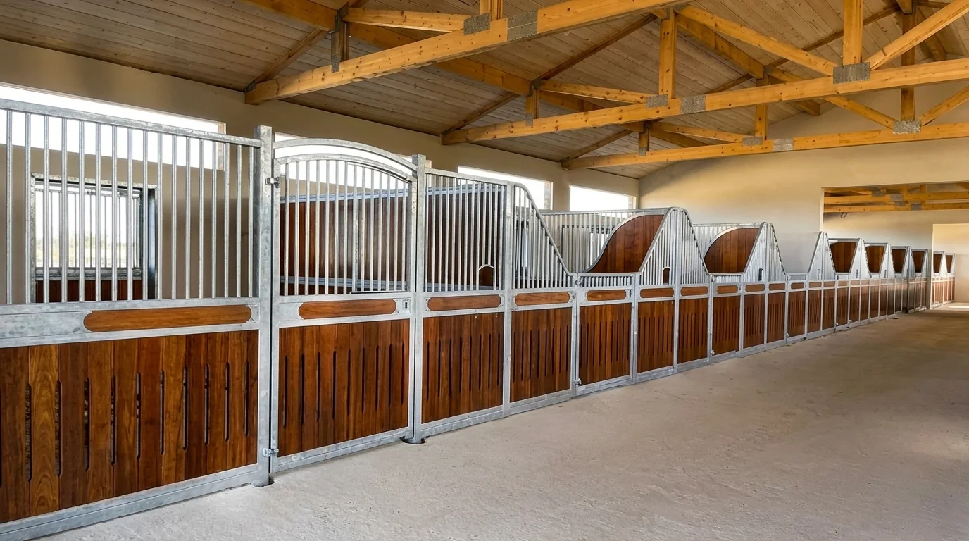 Galvanised stable fronts with timber infill in an open barn